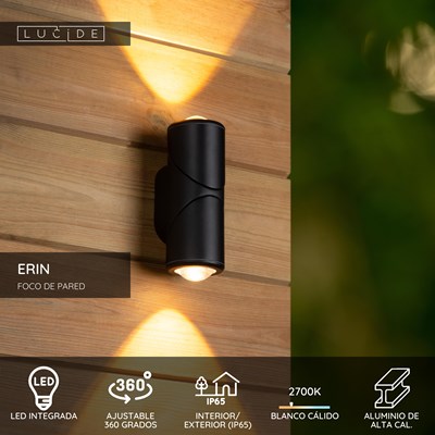 Lucide ERIN - Foco de pared / Lámpara de pared Dentro/Fuera - LED - 2x5W 2700K - IP65 - Negro